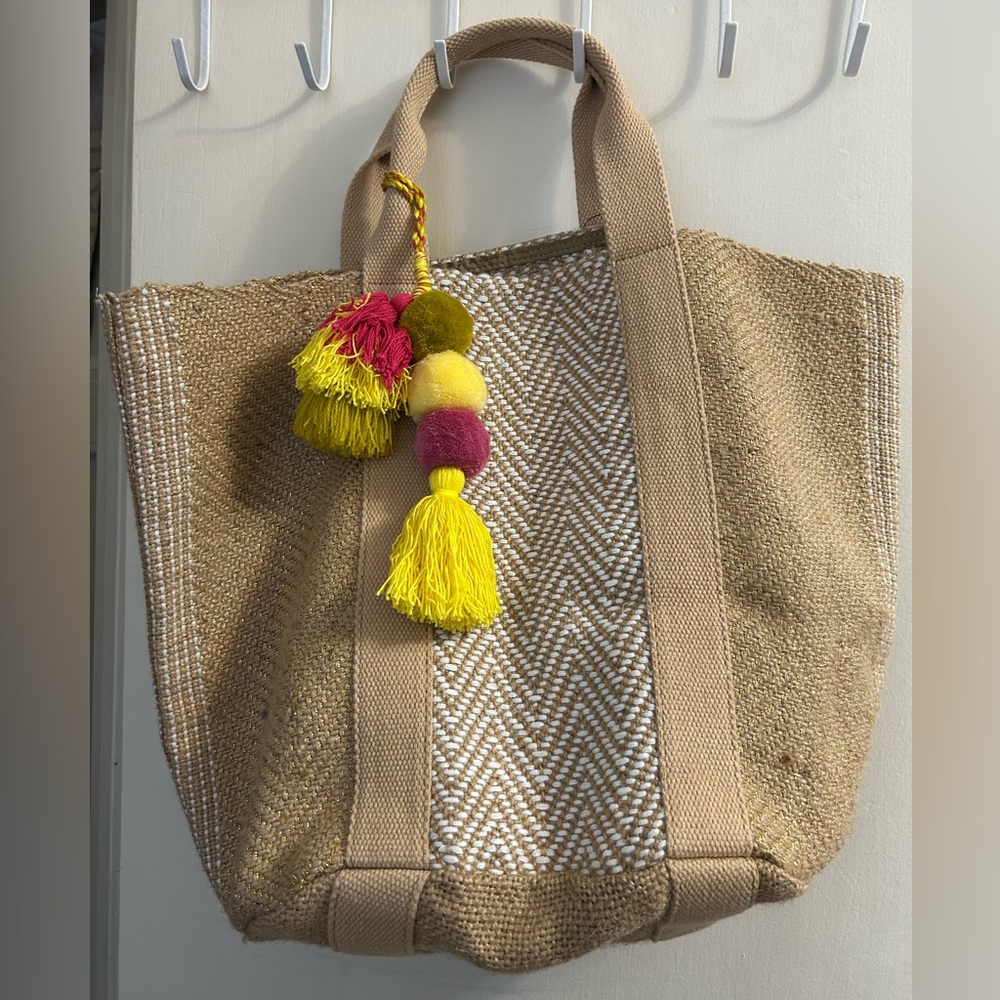 Chicos Woven Tote Bag with Yellow & Pink Tassel Charm